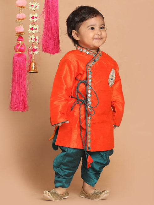 Vastramay SISHU Boys Orange Embroidered Angrakha Mirror Work Kurta With Dhoti Pants